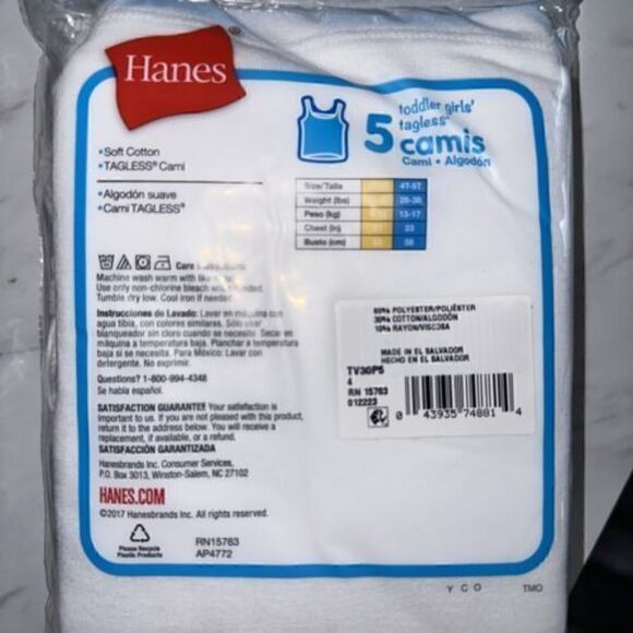(2)Hanes Ultimate TAGLESS Cotton Stretch Toddler Girls' Cami White 5-Pack-TV30P5 - Picture 3 of 3